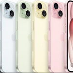 iPhone 15 lineup in black, blue, green, yellow, and pink