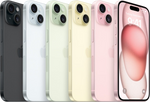 iPhone 15 lineup in black, blue, green, yellow, and pink
