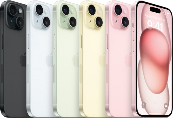 iPhone 15 lineup in black, blue, green, yellow, and pink