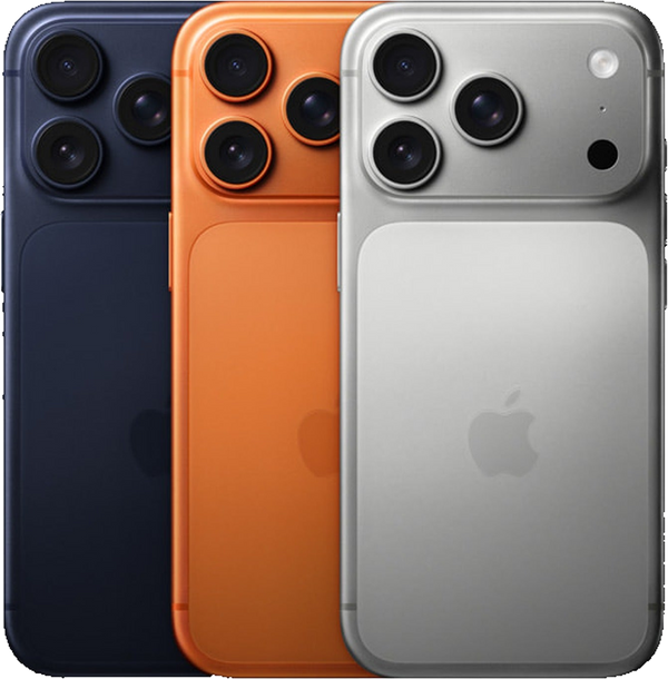 iPhone 17 Pro lineup in deep blue, cosmic orange, and refined silver