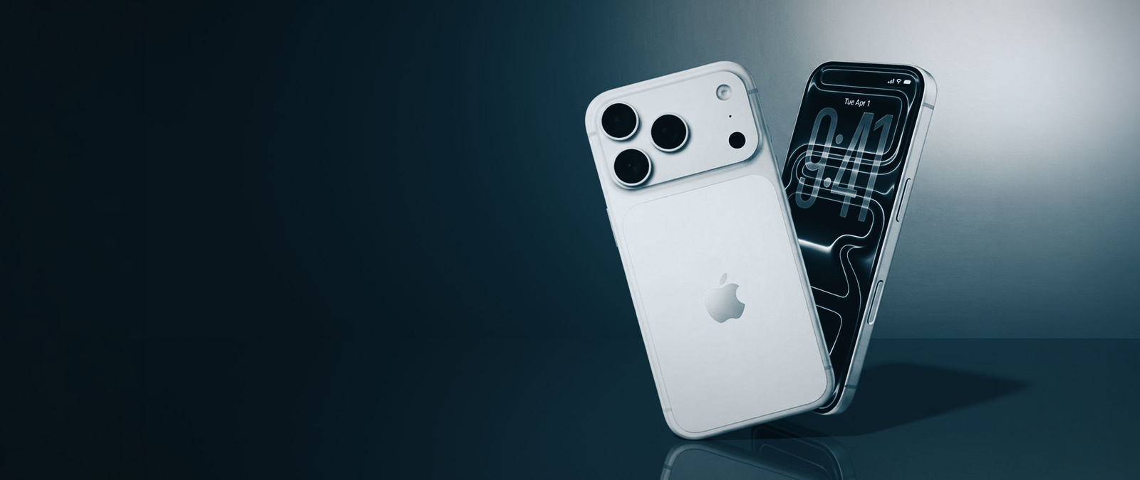 iPhone 17 Pro in silver, shown against a dark petrol-blue studio backdrop